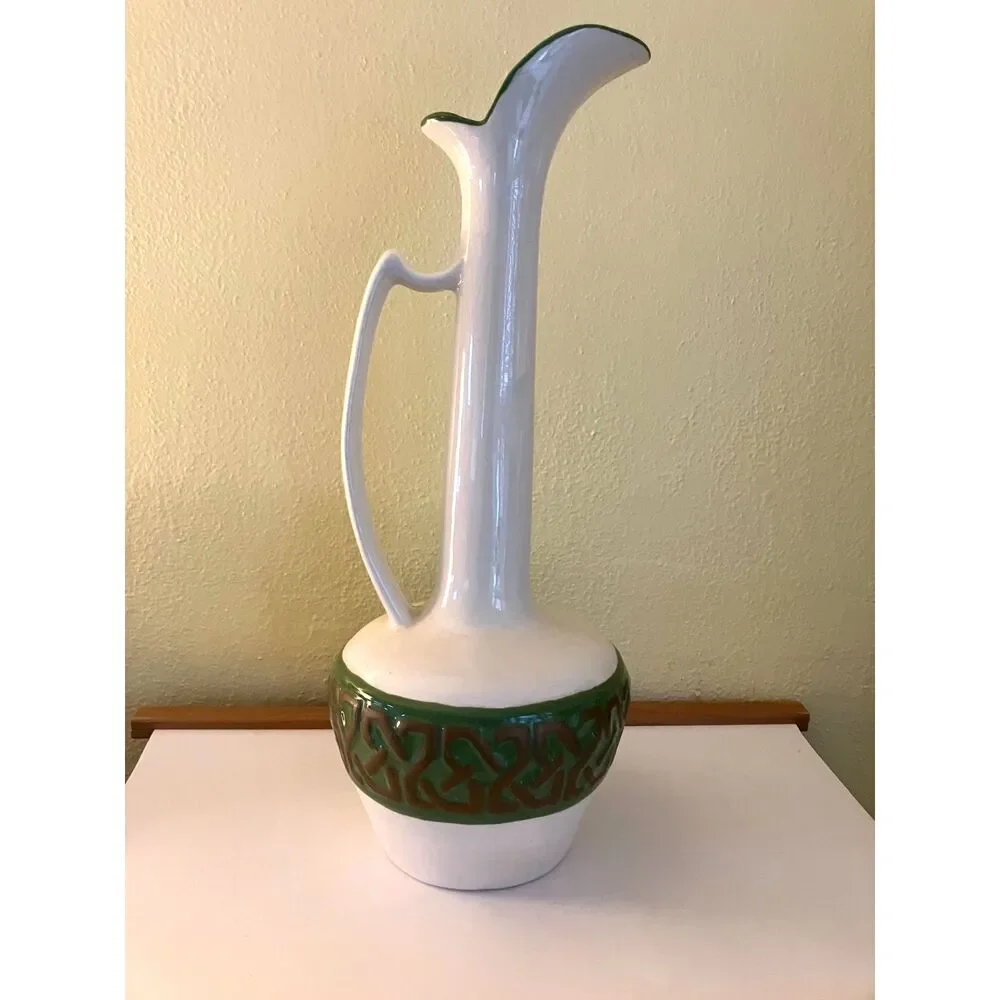 Vintage green & white tall pitcher